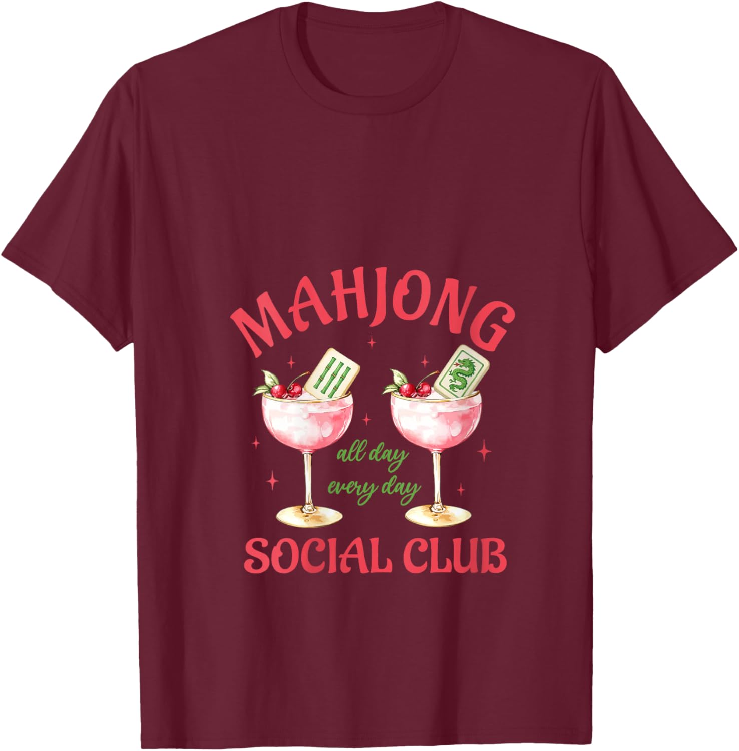 Women's Mahjong Social Club Aesthetic Pink Cocktails Mahjong Lover V-Neck T-Shirt - T-Shirt | Maroon