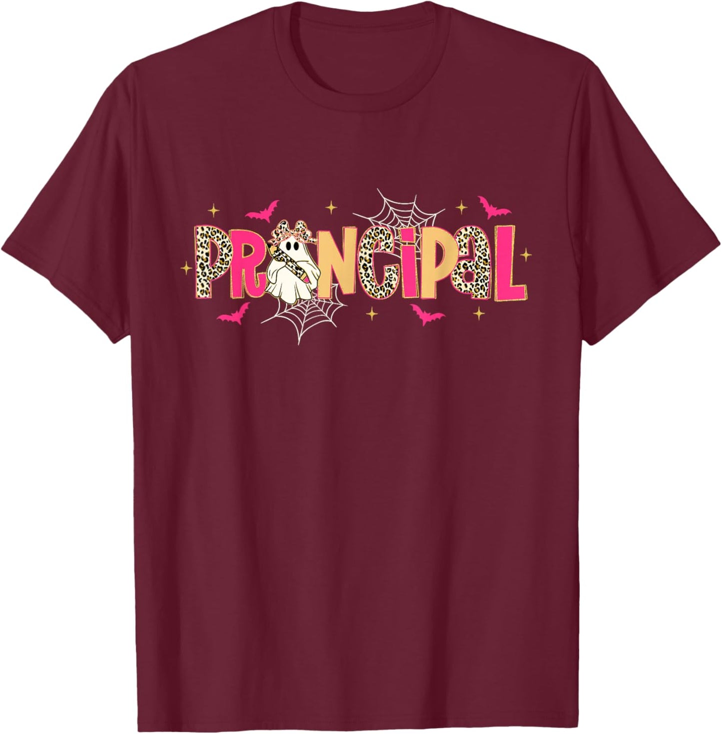 Principal Ghost Pencil Bow Leopard Funny Halloween Costumes T-Shirt - T-Shirt | Maroon