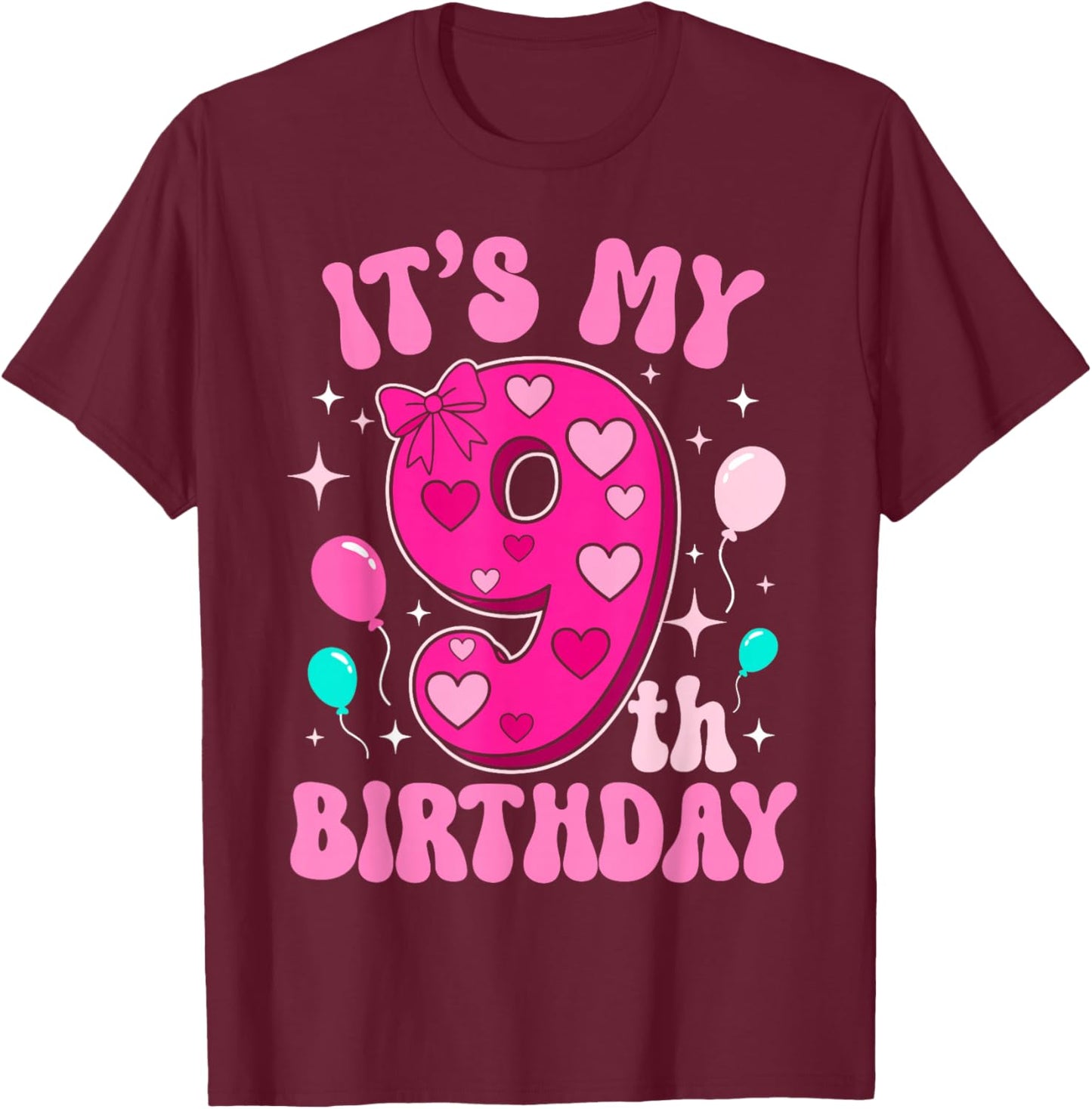 9 Year Old Pink Coquette Bow It's My 9th Birthday Girl T-Shirt - T-Shirt | Maroon