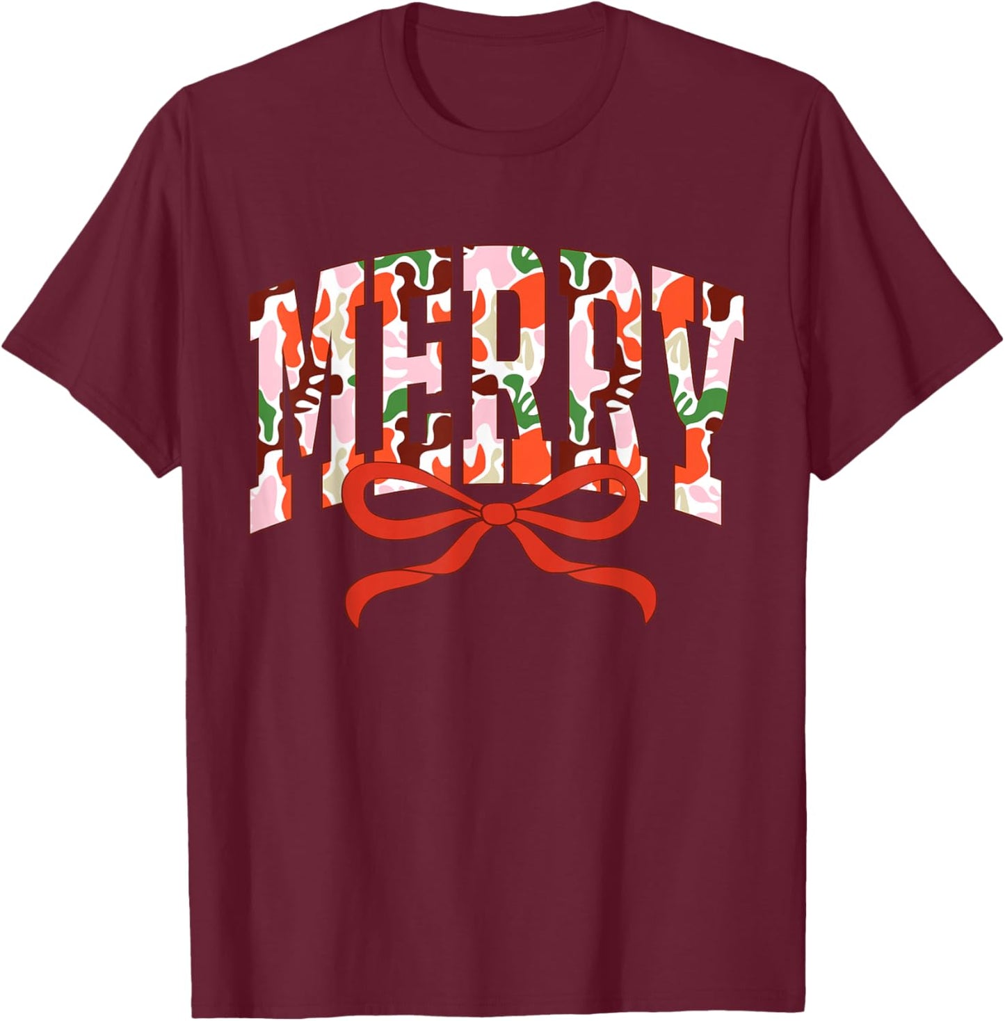 Camo Merry Coquette Bow Camouflage Happy Christmas Family T-Shirt - T-Shirt | Maroon