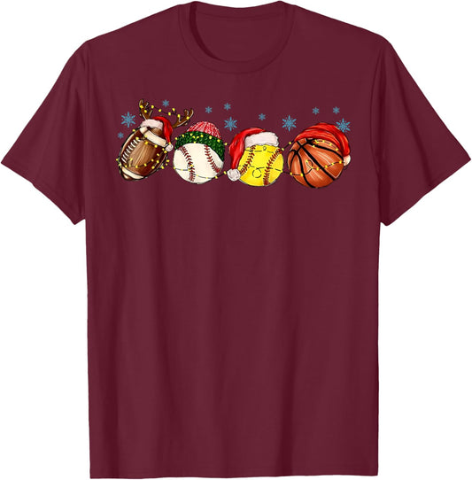 Santa Sports Boys Xmas Baseball Football Softball Basketball T-Shirt - T-Shirt | Maroon