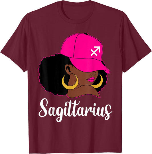 Sagittarius Black Girl Pink Cap Zodiac Birthday Afro Woman T-Shirt - T-Shirt | Maroon