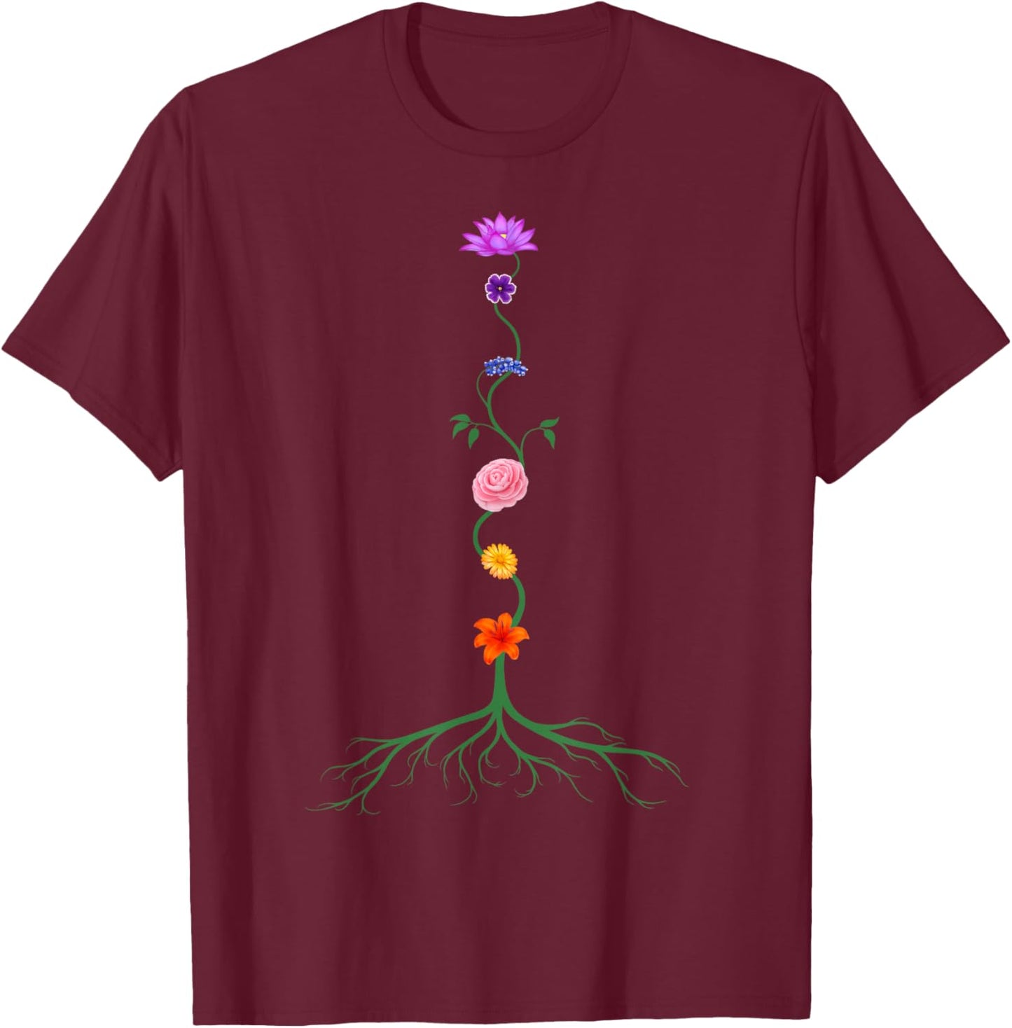 Seven Chakras as Chakra Colored Flowers, Yoga and Meditation T-Shirt - T-Shirt | Maroon