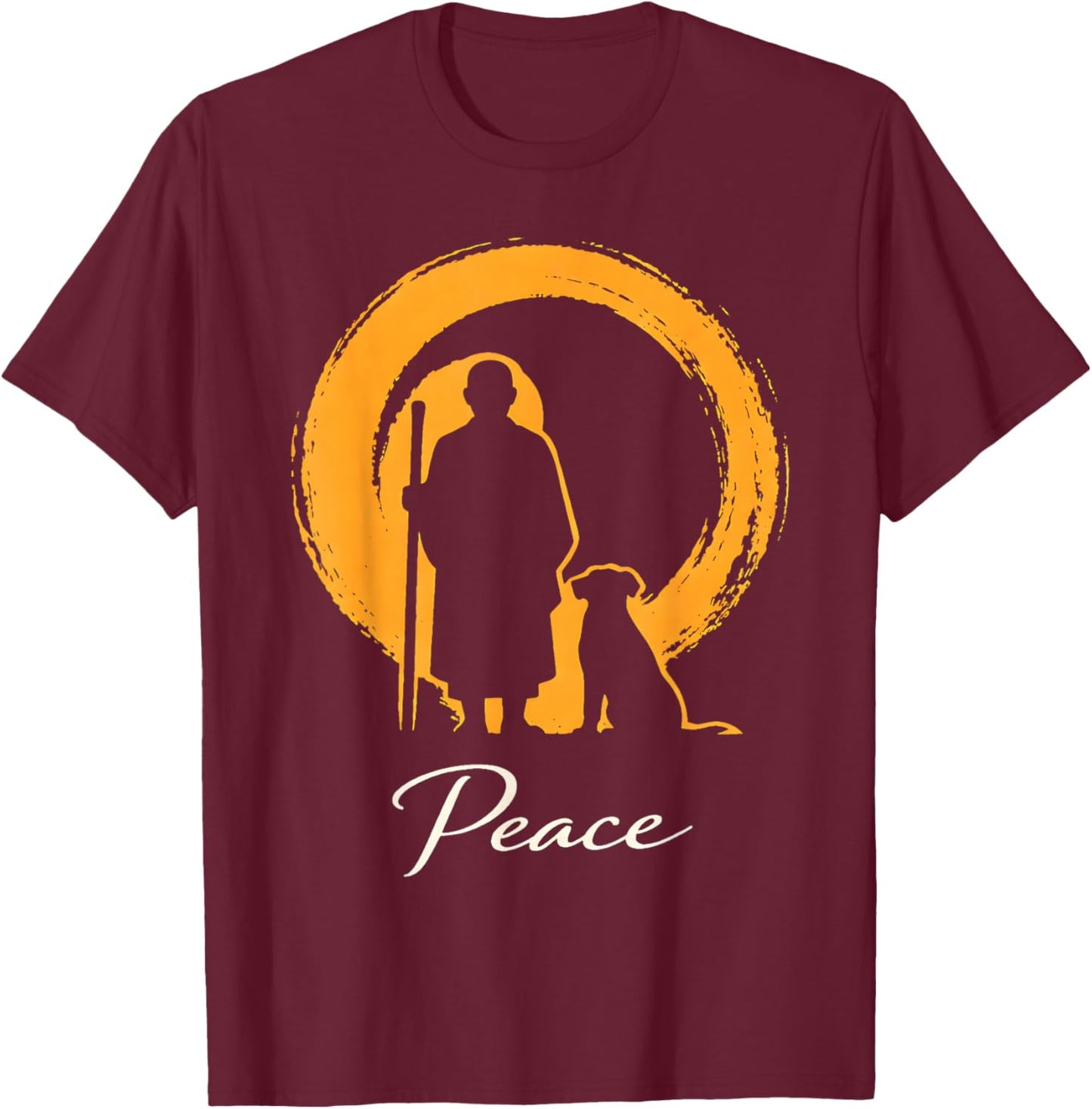 Minimalist Zen Art Walk for Peace Monks with Aloka Dog T-Shirt - T-Shirt | Maroon