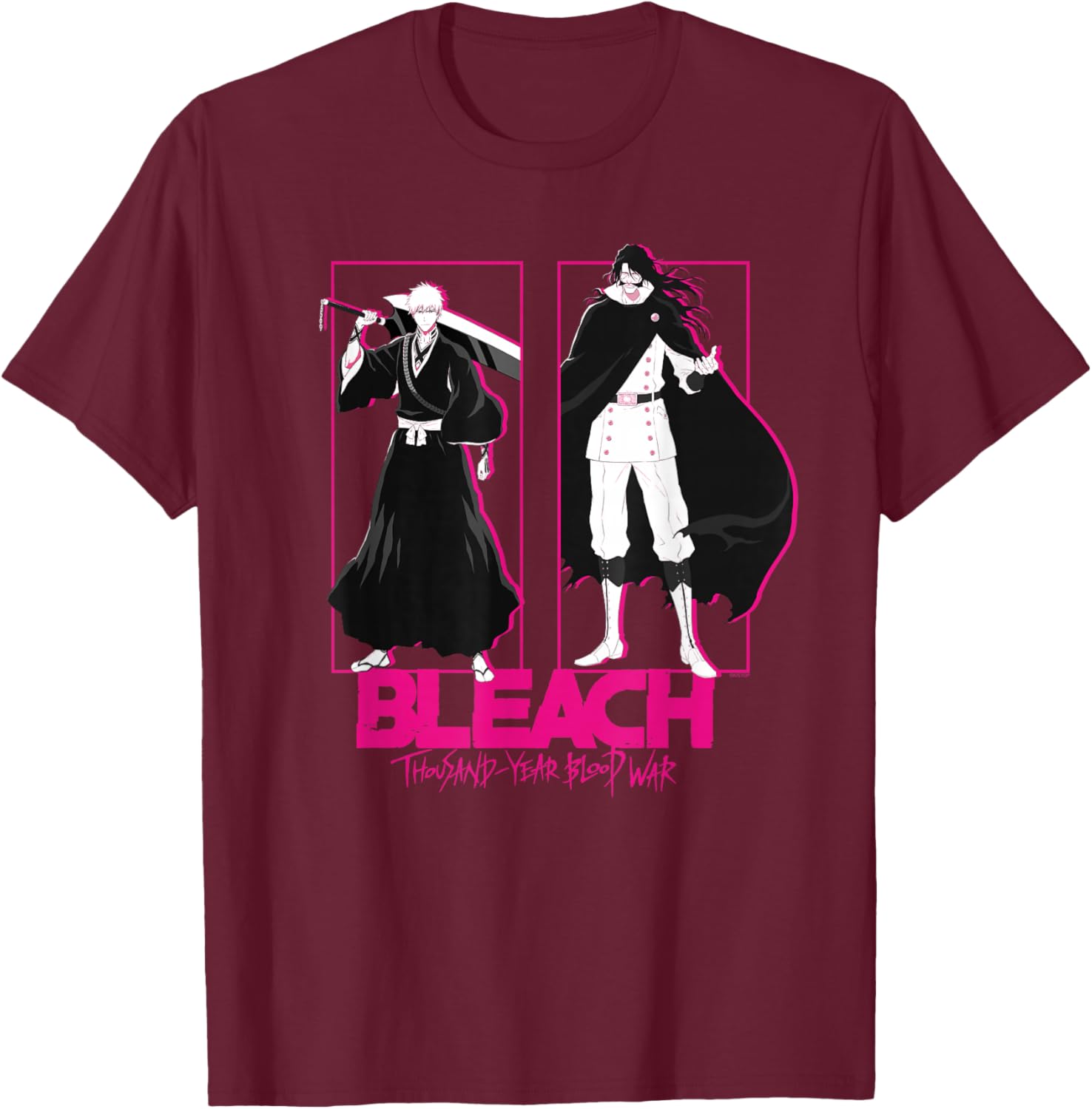 Bleach: TYBW Pink Outline Ichigo and Yhwach with Logo Anime T-Shirt - T-Shirt | Maroon