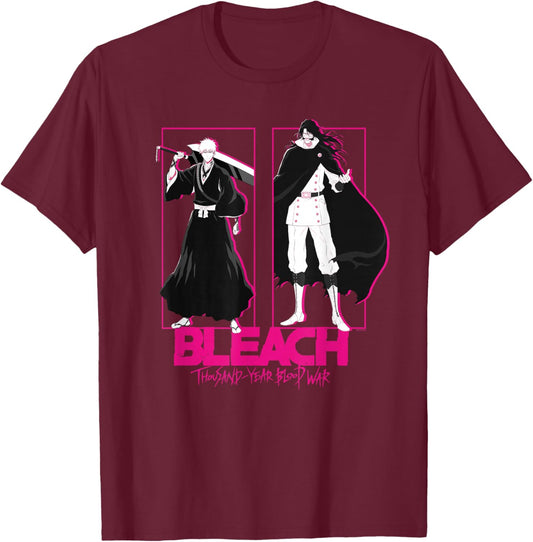 Bleach: TYBW Pink Outline Ichigo and Yhwach with Logo Anime T-Shirt - T-Shirt | Maroon