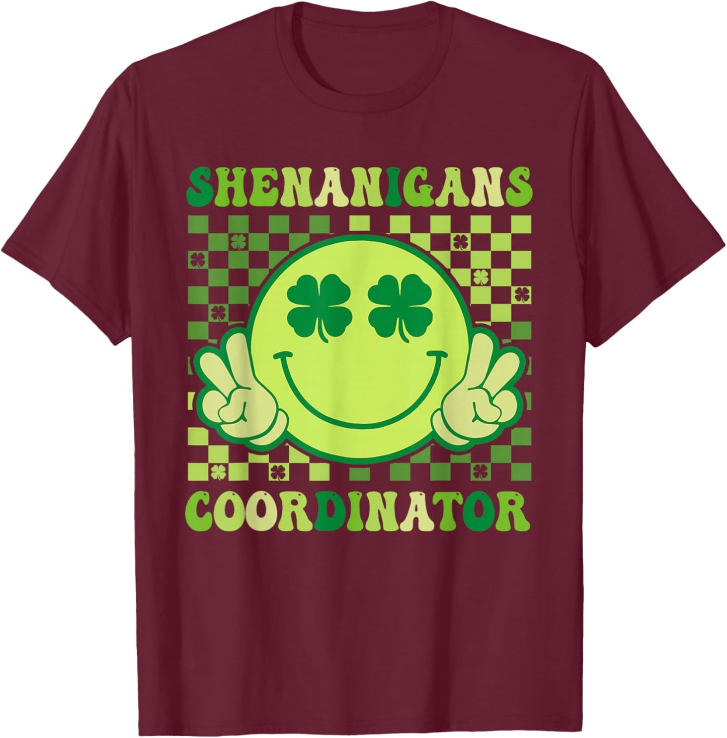Shenanigans Coordinator Retro Smile Shamrock St Patricks Day T-Shirt - T-Shirt | Maroon