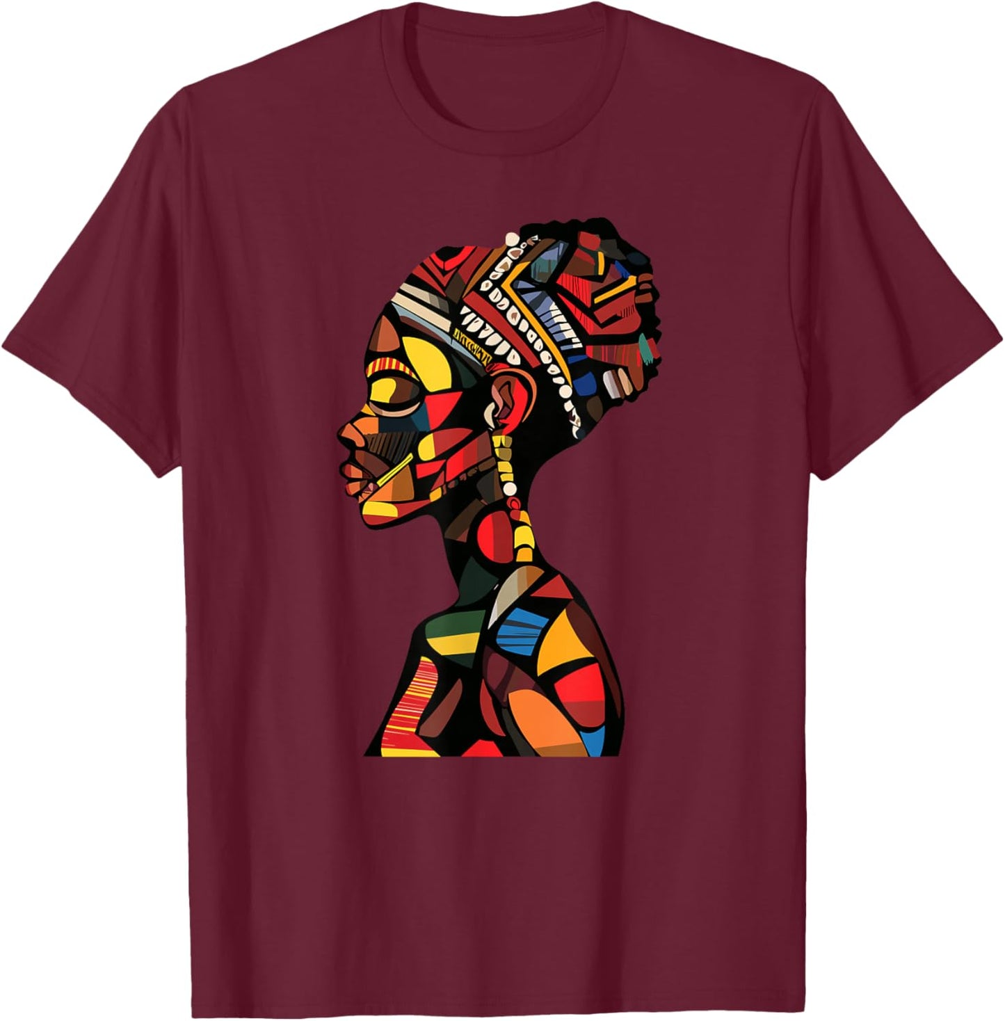 African Queen Profile Colorful Afrocentric Woman T-Shirt - T-Shirt | Maroon