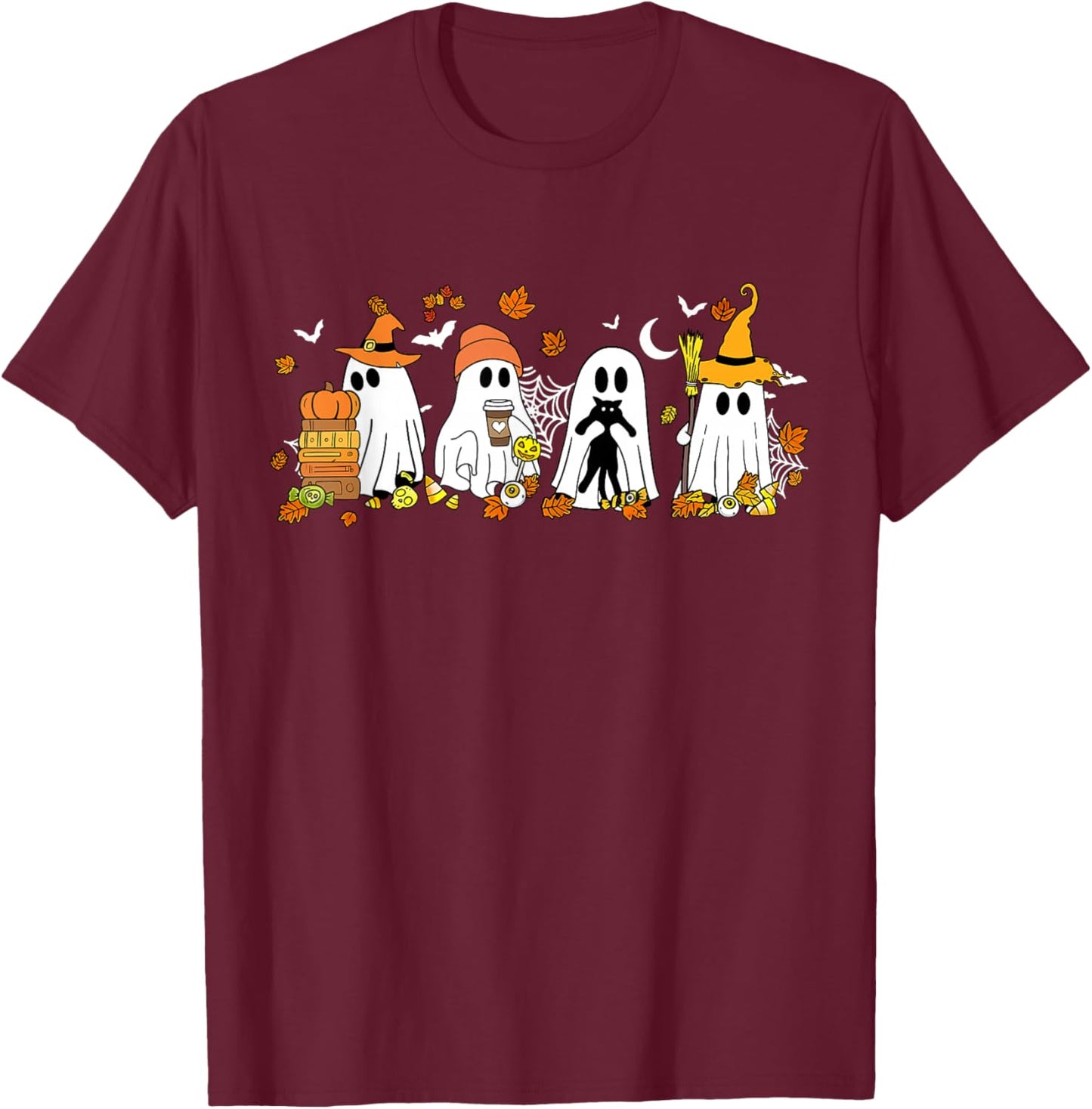 Cute Ghost Drinking Coffee Halloween Fall Book Reading Cat T-Shirt - T-Shirt | Maroon
