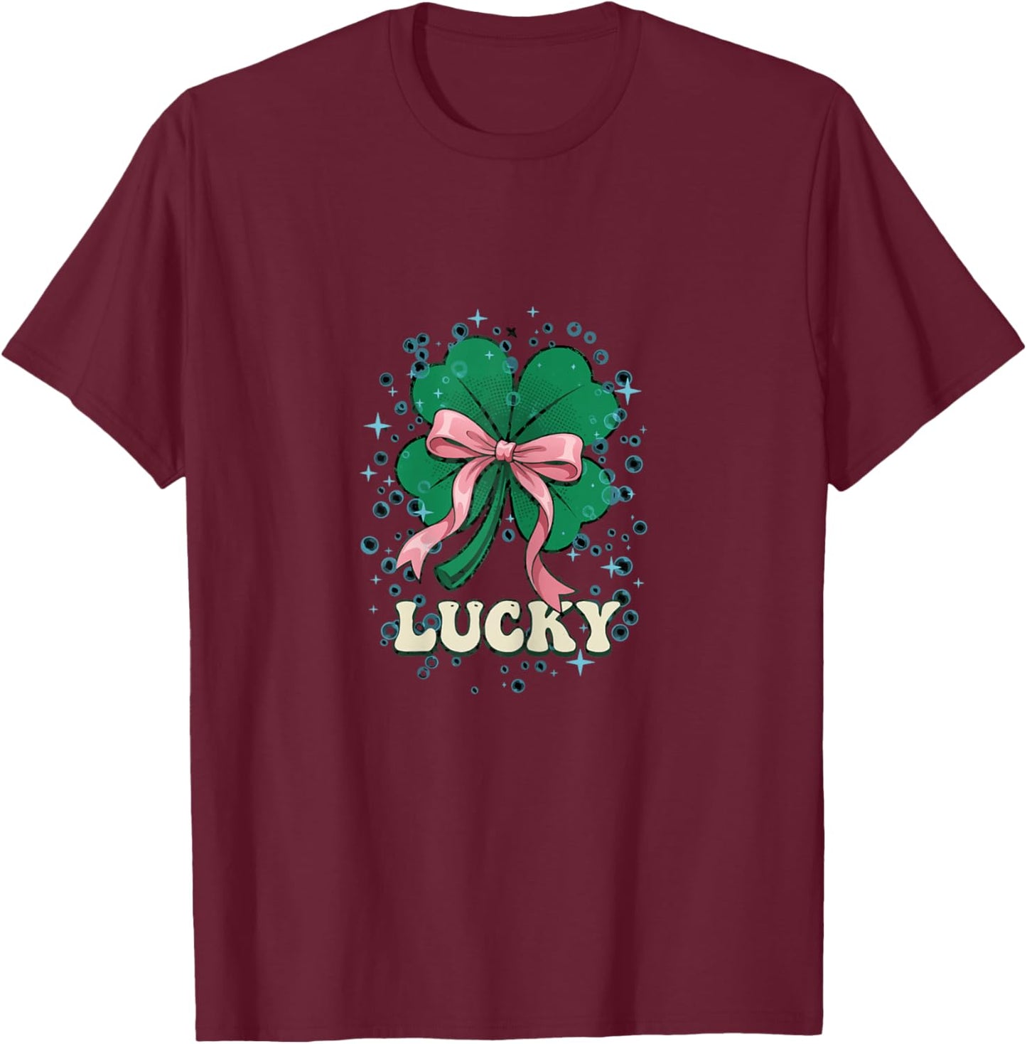 St Patricks Day Retro Coquette Bow Lucky Sparkle Shamrock T-Shirt - T-Shirt | Maroon