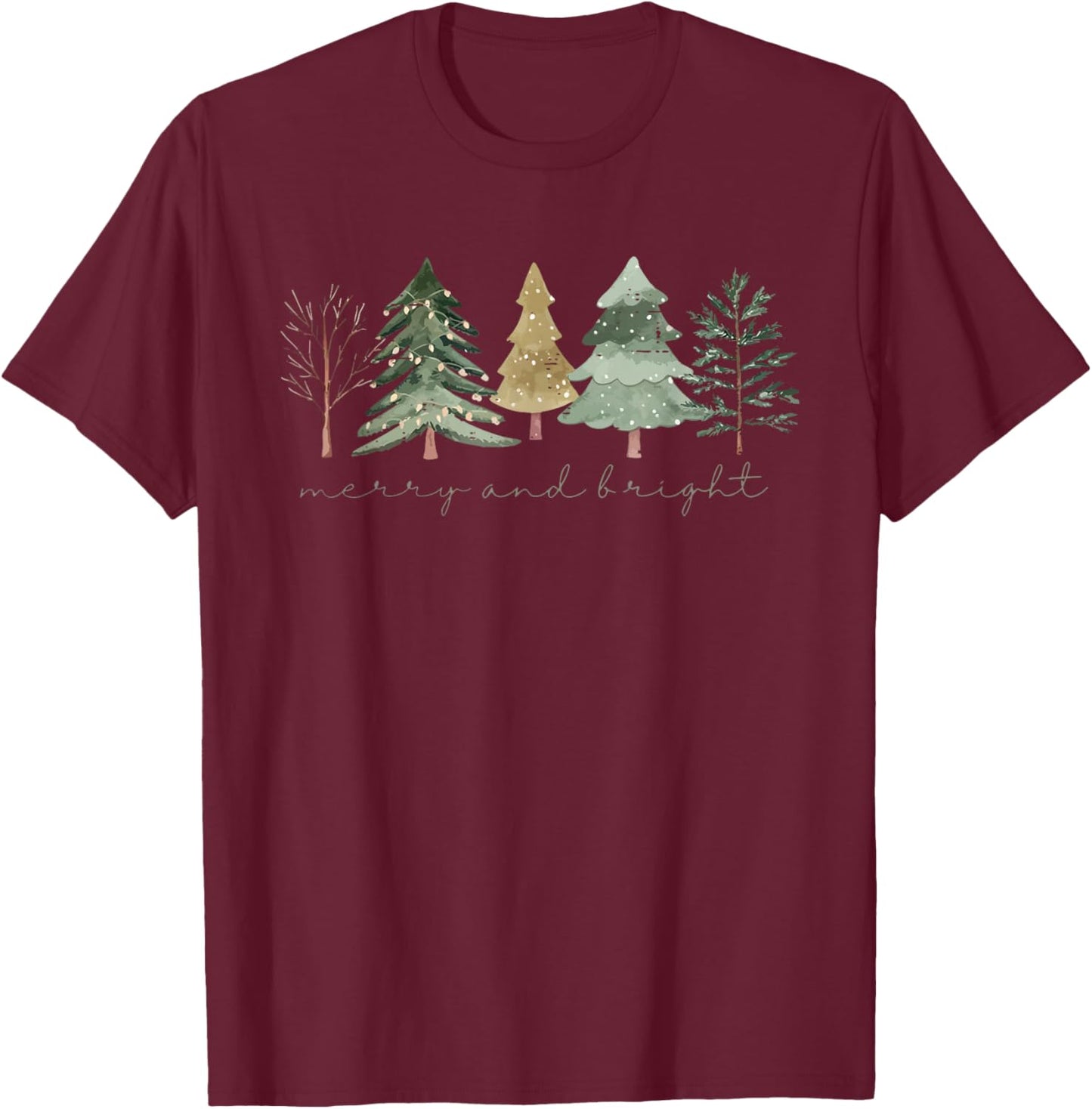 Vintage Merry and Bright Christmas Tree Cute Xmas Holiday T-Shirt - T-Shirt | Maroon