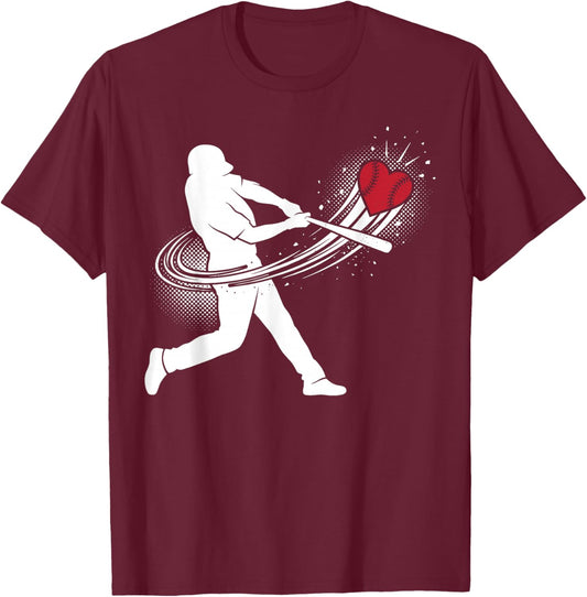 Valentines Day Baseball Batter Silhouette Heart T-Shirt - T-Shirt | Maroon