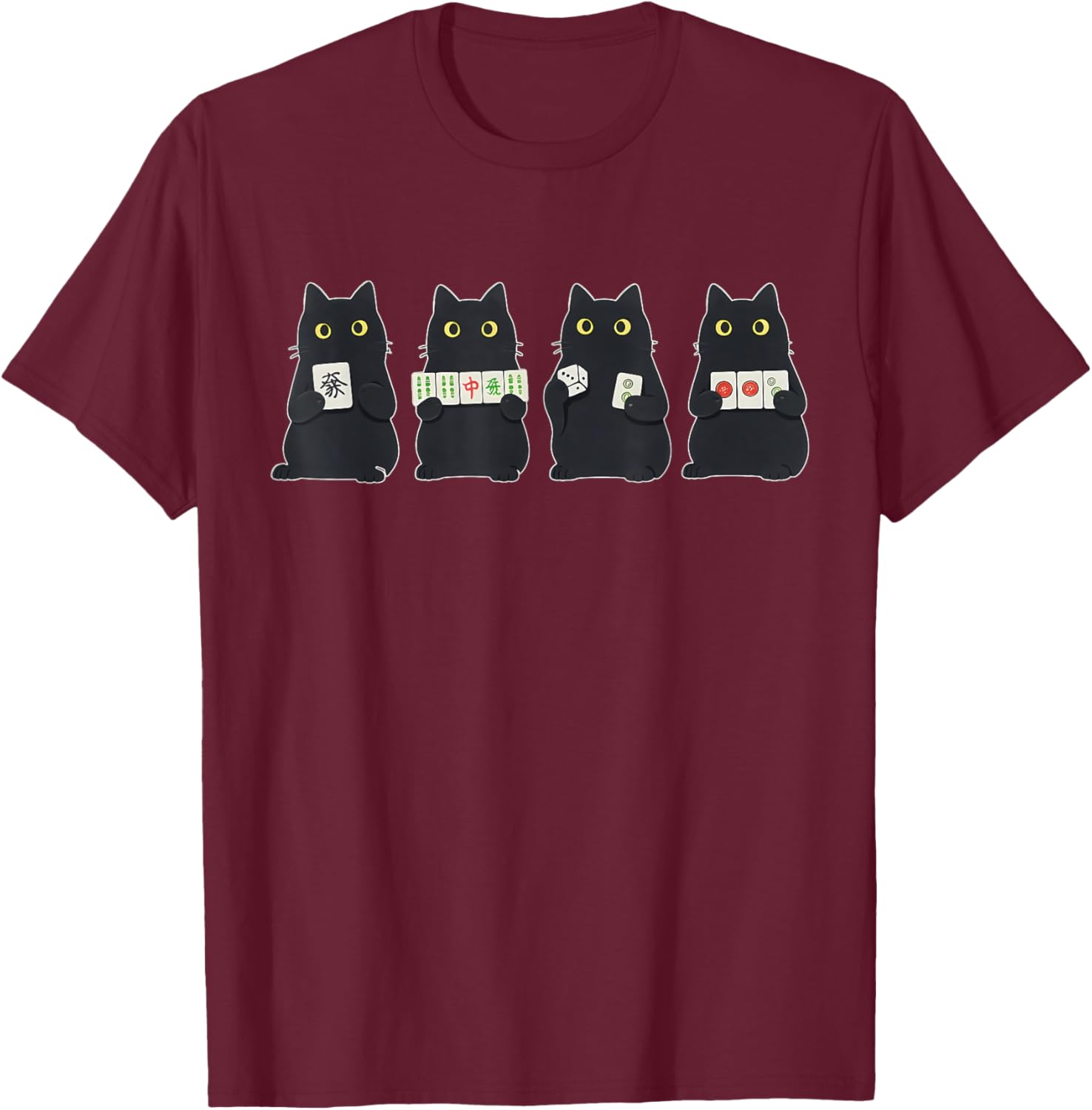 Black Cat Playing Mahjong Chinese Tile Game Mahjong Lover T-Shirt - T-Shirt | Maroon