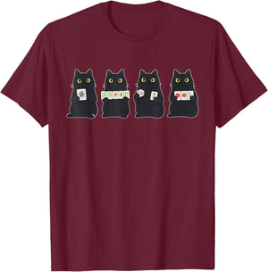 Black Cat Playing Mahjong Chinese Tile Game Mahjong Lover T-Shirt - T-Shirt | Maroon