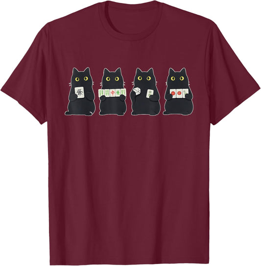 Black Cat Playing Mahjong Chinese Tile Game Mahjong Lover T-Shirt - T-Shirt | Maroon