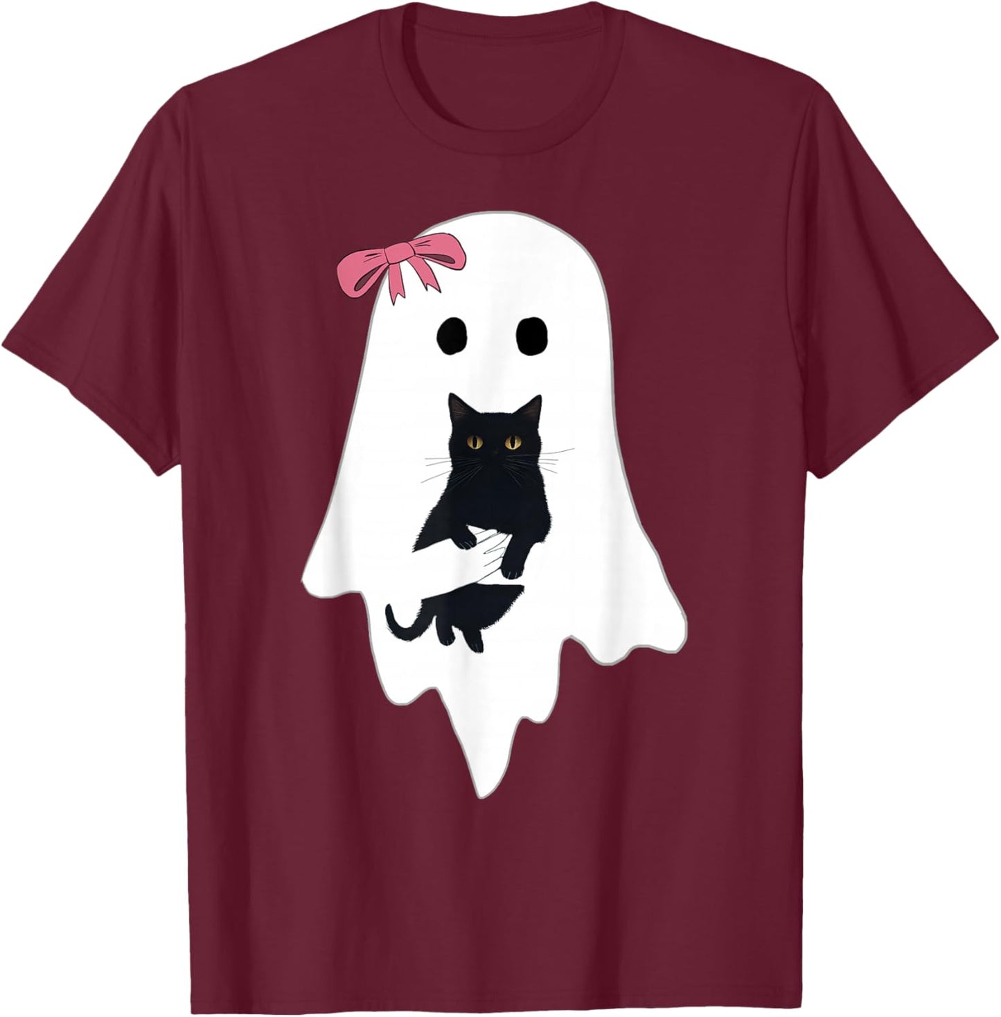 Cute Ghost Black Cat Pink Bow Funny Vintage Spooky Halloween T-Shirt - T-Shirt | Maroon