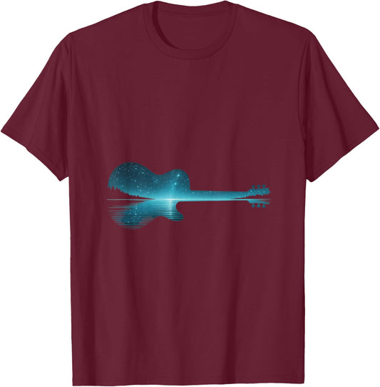 Guitar Lake Silhouette Minimal Aesthetic Musician Art Gifts T-Shirt - T-Shirt | Maroon