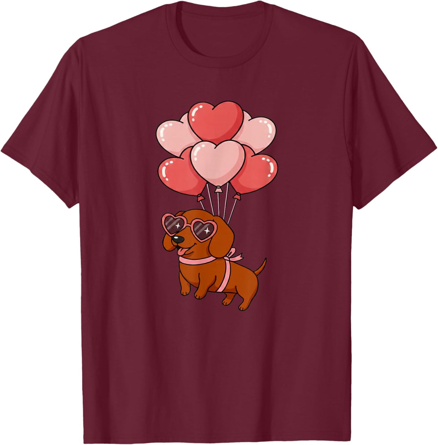 Girls Valentines Day Heart Balloons Mini Dachshund T-Shirt - T-Shirt | Maroon