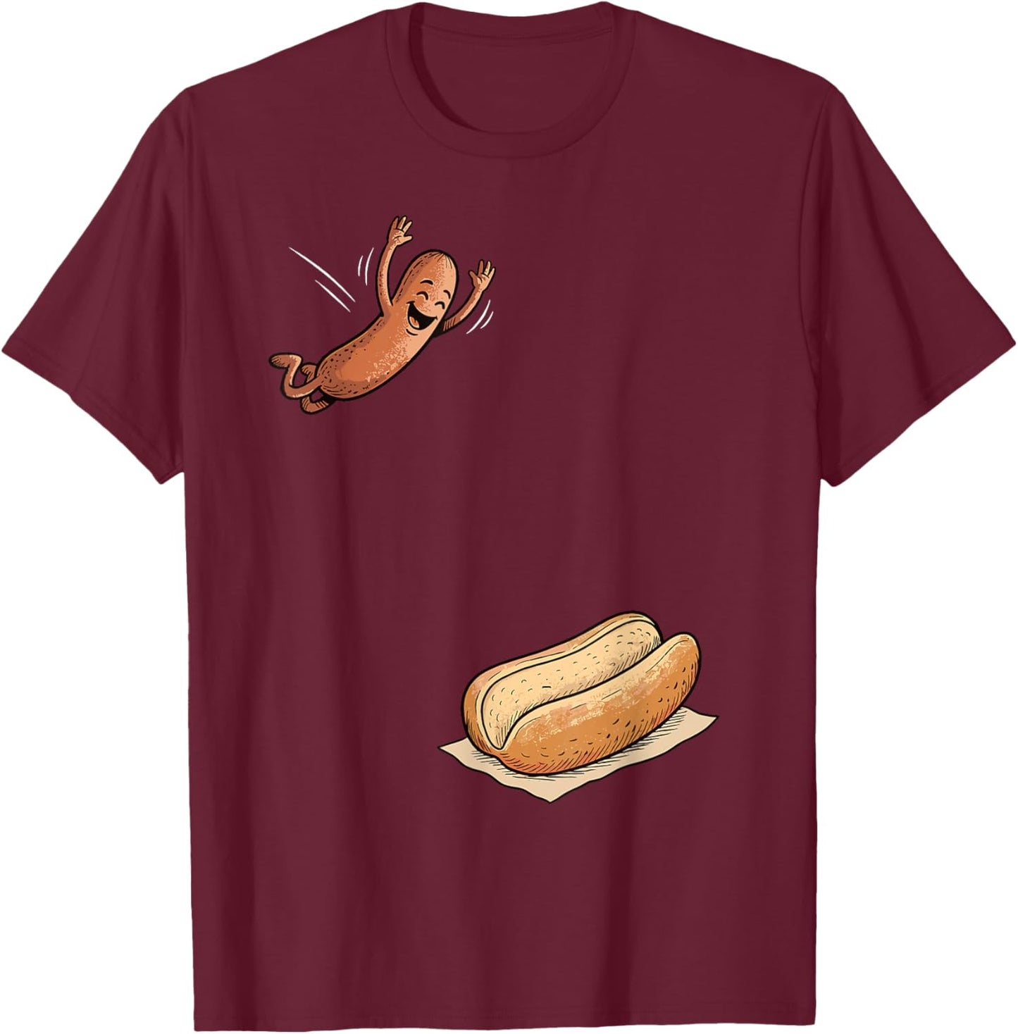 Hotdog Jumping into Bun Funny BBQ T-Shirt - T-Shirt | Maroon