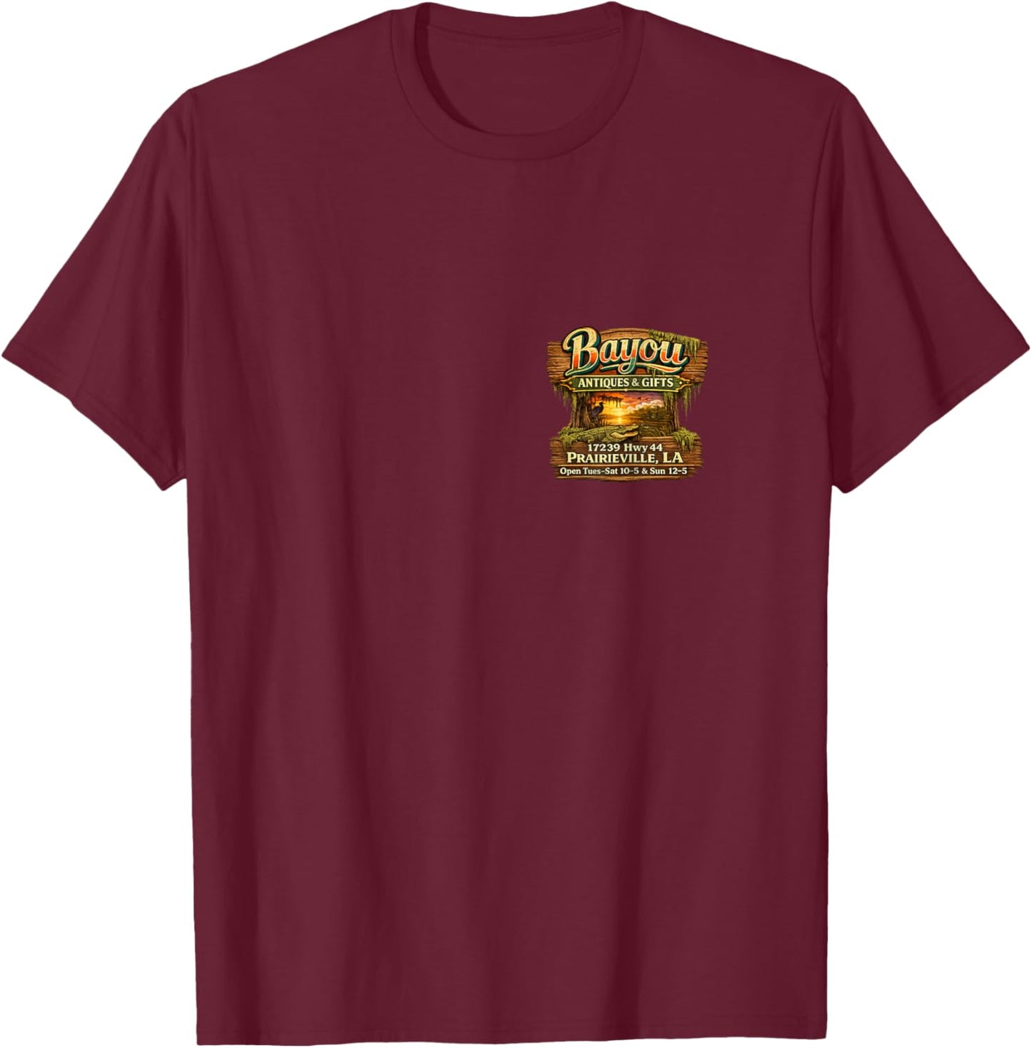 Bayou Antiques and Gifts Swamp Sign T-Shirt - T-Shirt | Maroon