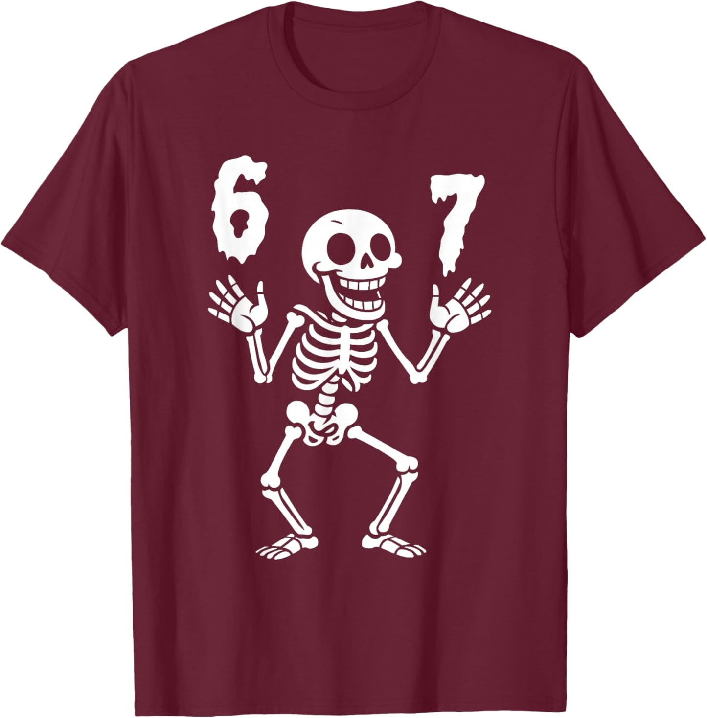 Funny Six Seven Skeleton Halloween 6 7 Meme T-Shirt - T-Shirt | Maroon
