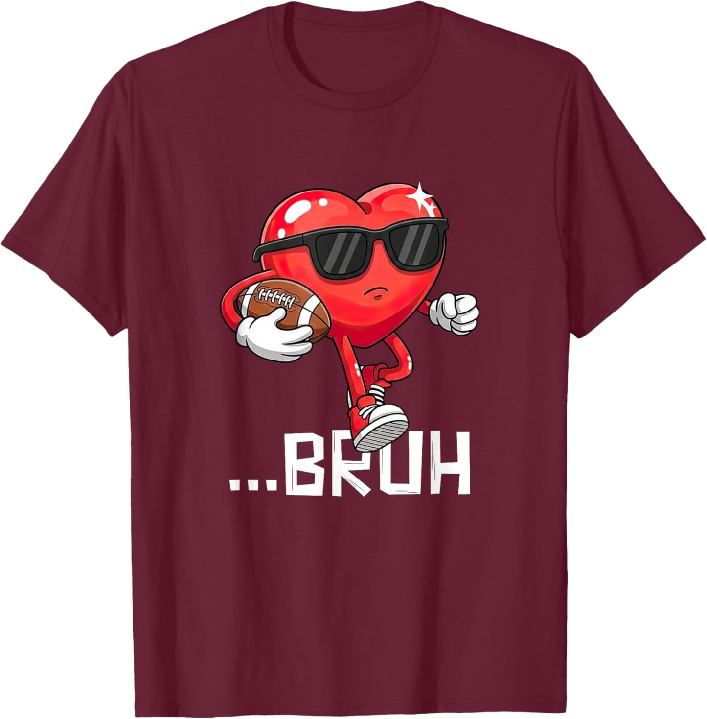 Valentines Bruh Red Heart Playing Football Men Boys Kids T-Shirt - T-Shirt | Maroon
