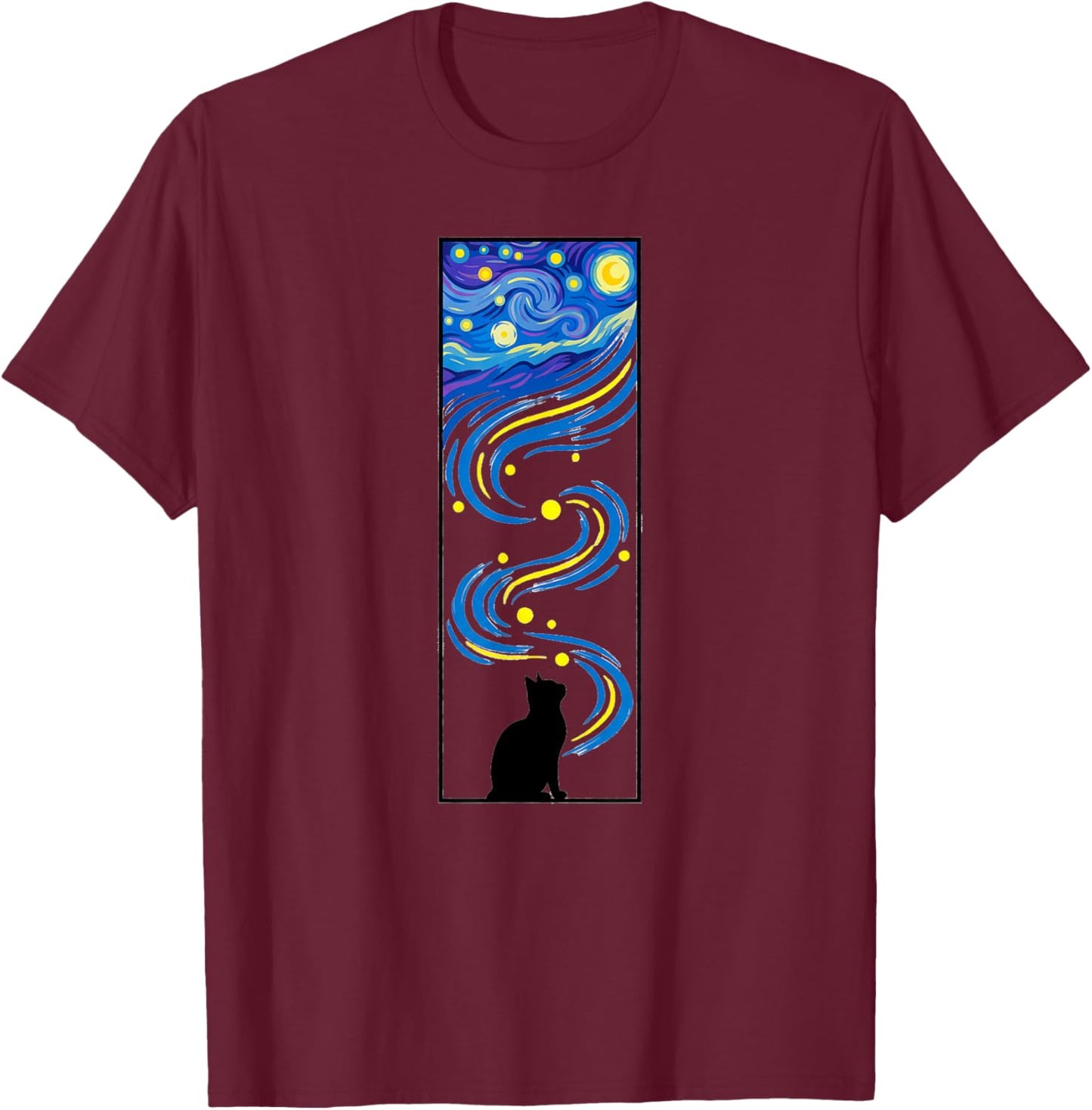 Starry Night Flowing Sky Cat Art T-Shirt - T-Shirt | Maroon