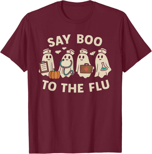 Nurse Halloween Ghost Crew Vaccine Say Boo to The flu T-Shirt - T-Shirt | Maroon