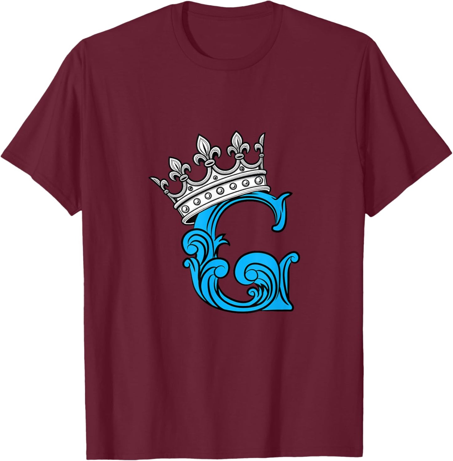 Blue Color Letter G Initial + Crown Blue Graphic T-Shirt - T-Shirt | Maroon