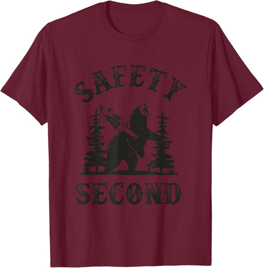 Safety Second Funny Cowboy Riding Bear Sarcastic Safety T-Shirt - T-Shirt | Maroon