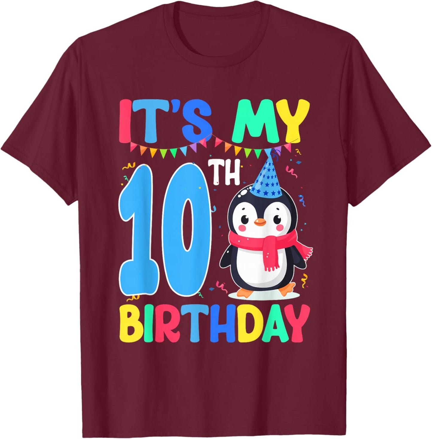 10 Year Old Birthday Penguin Themed It's My 10th Birthday T-Shirt - T-Shirt | Maroon