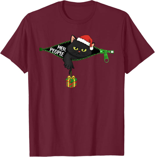Funny Grumpy Black Cat Christmas Meh People Xmas T-Shirt - T-Shirt | Maroon