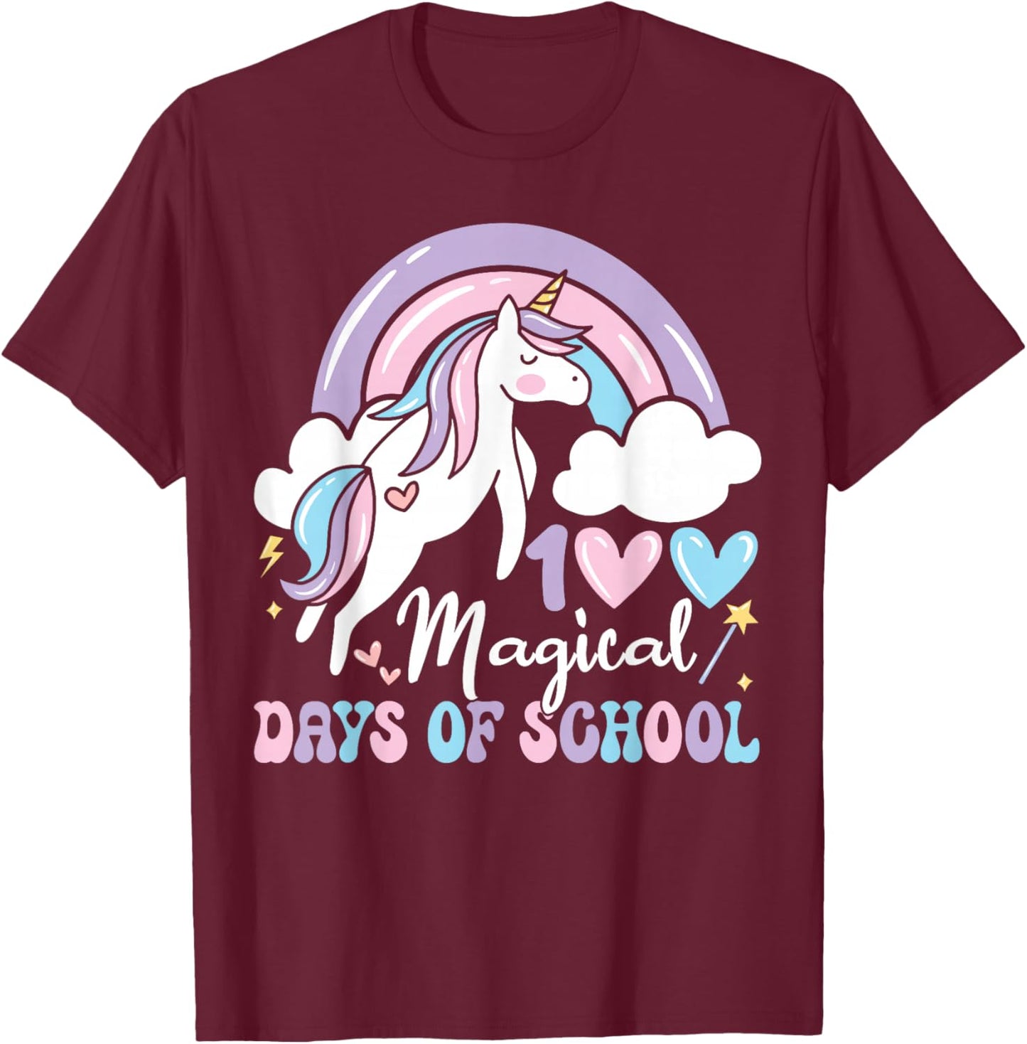 100 Magical Days of School Unicorn Rainbow 100th Day Girls T-Shirt - T-Shirt | Maroon
