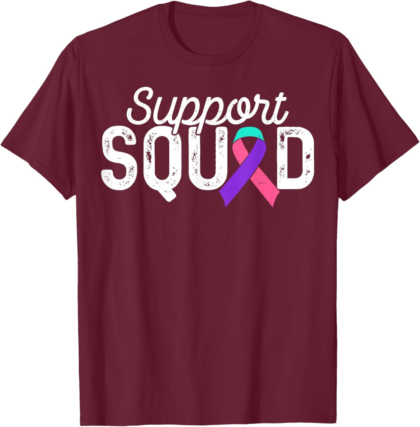 Teal Pink Blue Ribbon Support Squad Thyroid Cancer Awareness T-Shirt - T-Shirt | Maroon