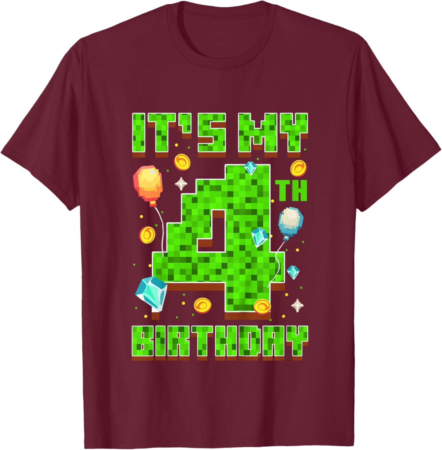 Kids It's My 4th Birthday Boy 4 Year Old Video Gamer Pixel T-Shirt - T-Shirt | Maroon
