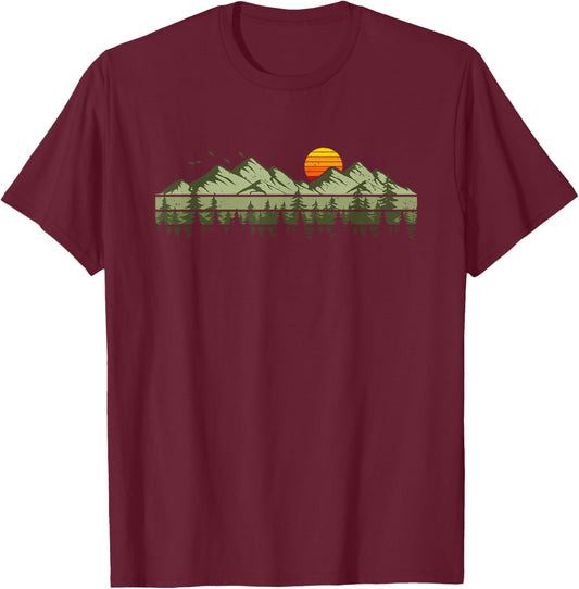 Trees Landscape Mountains Vintage Forest T-Shirt - T-Shirt | Maroon