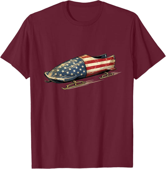 Patriotic Bobsled USA Flag Vintage Winter Sports T-Shirt - T-Shirt | Maroon