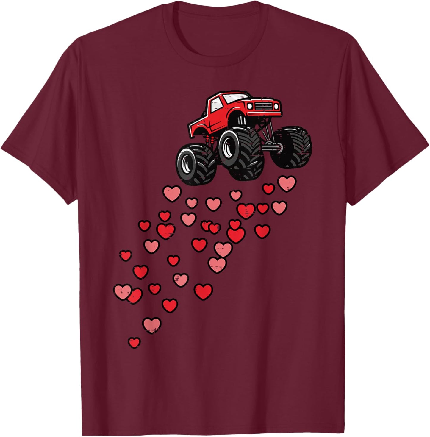 Valentines Day Monster Truck Hearts Love Boys Kids Toddler T-Shirt - T-Shirt | Maroon