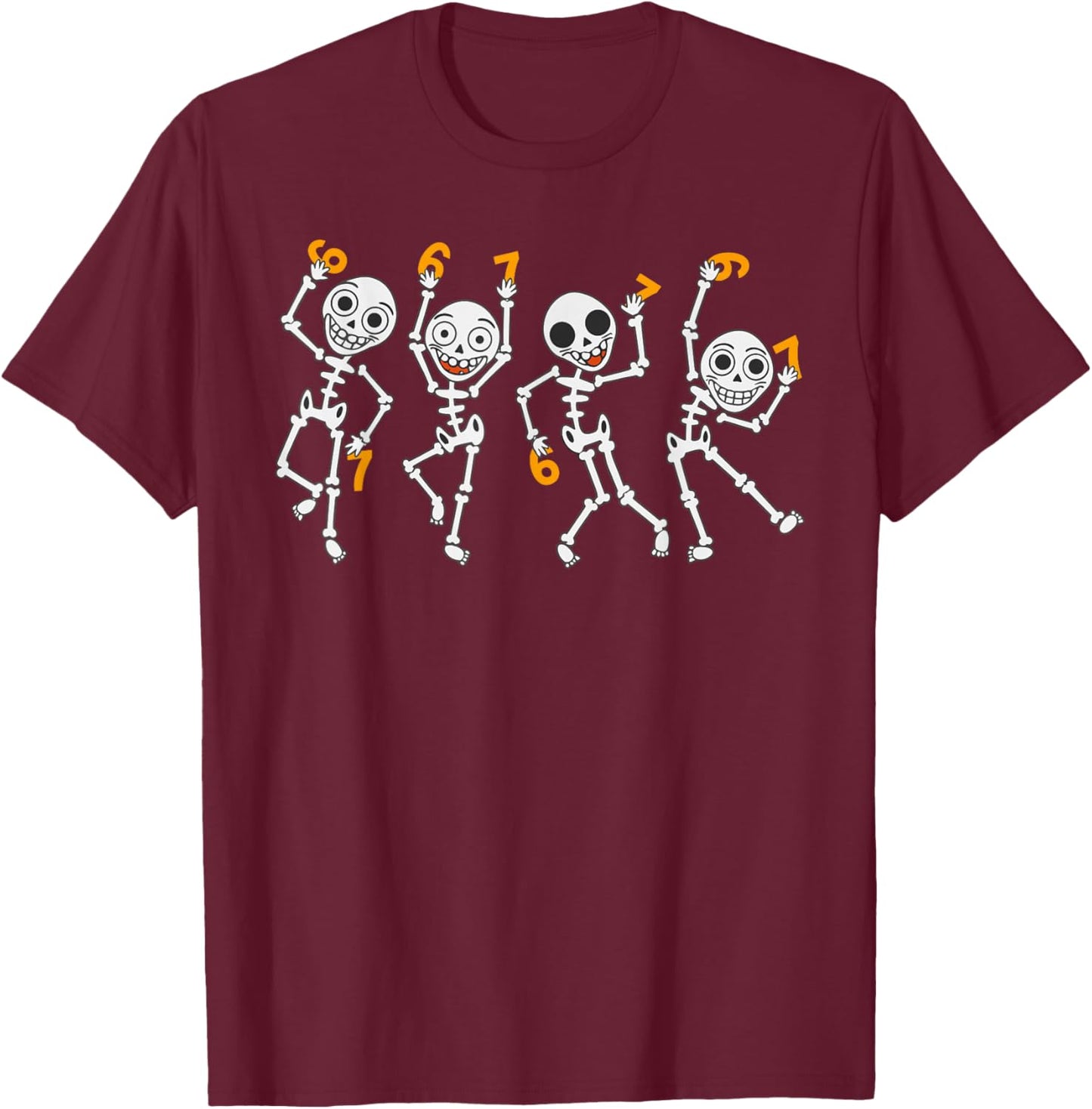 Six Seven 67 Meme Funny Halloween Dancing Skeleton Women Men T-Shirt - T-Shirt | Maroon