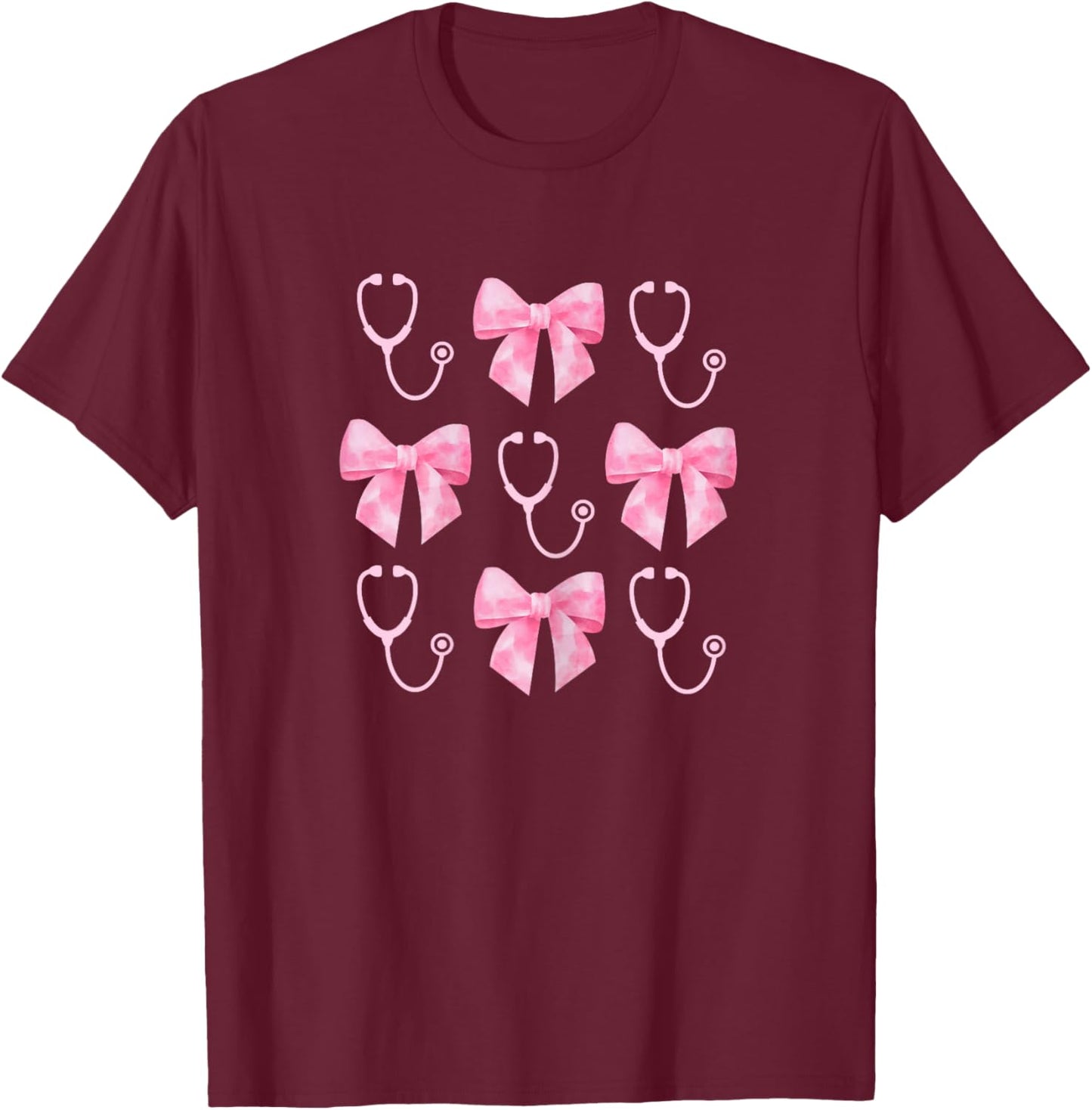 Pink Stethoscope & Ribbon Nurse, Cute RN Gift, Nurse Bow T-Shirt - T-Shirt | Maroon