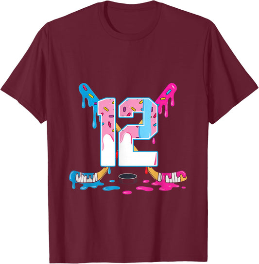 Hockey 12 Years Old Ice Cream Drip 12th Birthday Kids Gift T-Shirt - T-Shirt | Maroon