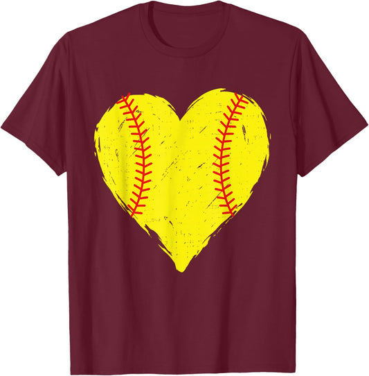 Softball Heart Cheer Mama Mom Mothers Day Game Day T-Shirt - T-Shirt | Maroon