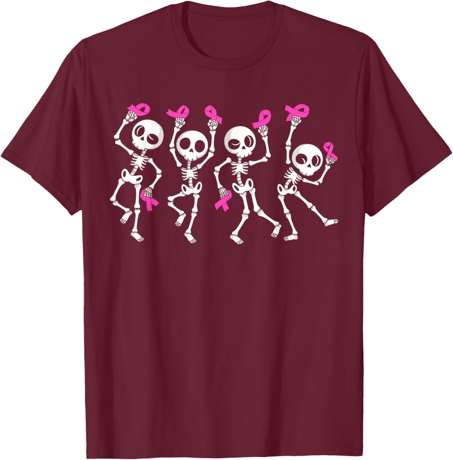 Pink Ribbon Breast Cancer Awareness Skeleton T-Shirt - T-Shirt | Maroon
