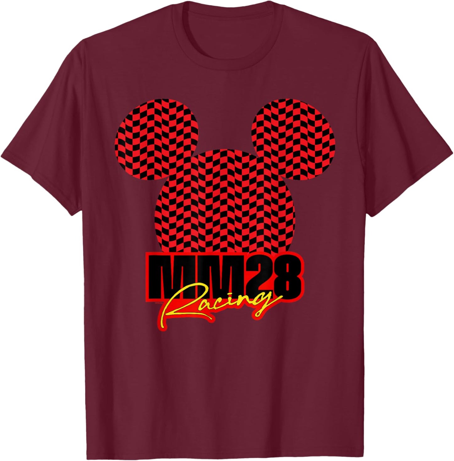 Disney Mickey Mouse MM28 Racing Checkered Flag Race Car Icon T-Shirt - T-Shirt | Maroon