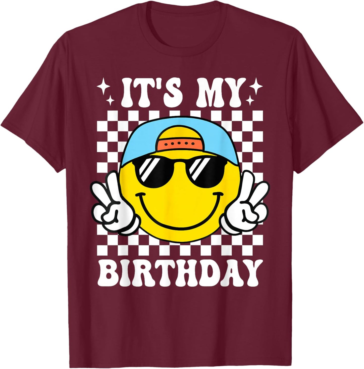 Groovy It's My Birthday Boys Kids Happy Face Birthday Party T-Shirt - T-Shirt | Maroon
