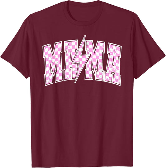 Mama Lightning Bolt Checkered Varsity Mom Women Mother's Day T-Shirt - T-Shirt | Maroon