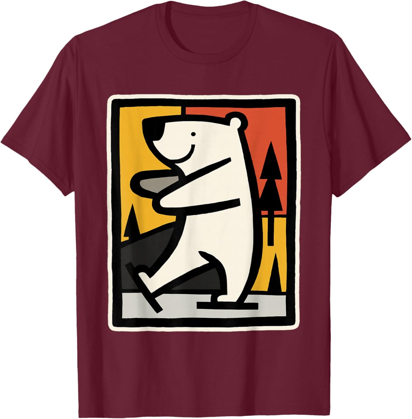 Ice Bear Ice Skating Cartoon Graphic T-Shirt - T-Shirt | Maroon
