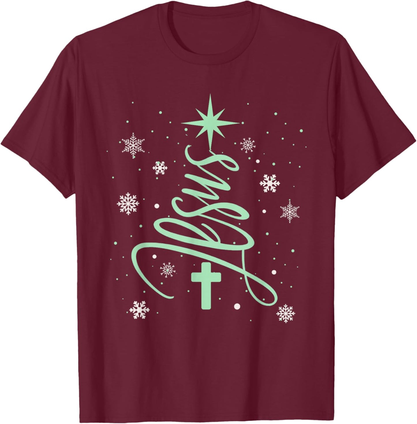 Jesus Tree Christian Christmas Faith Snowflakes Cross T-Shirt - T-Shirt | Maroon
