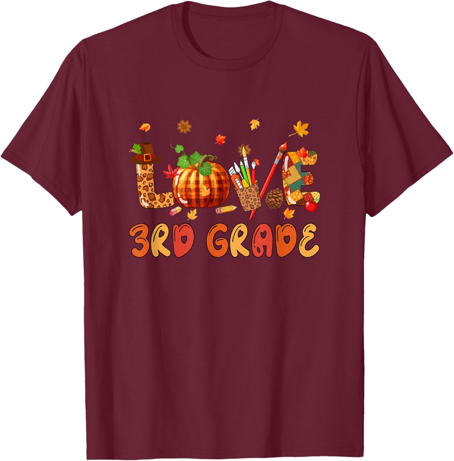 Love 3rd Grade Thanksgiving Leopard Fall Leaves Teachers T-Shirt - T-Shirt | Maroon