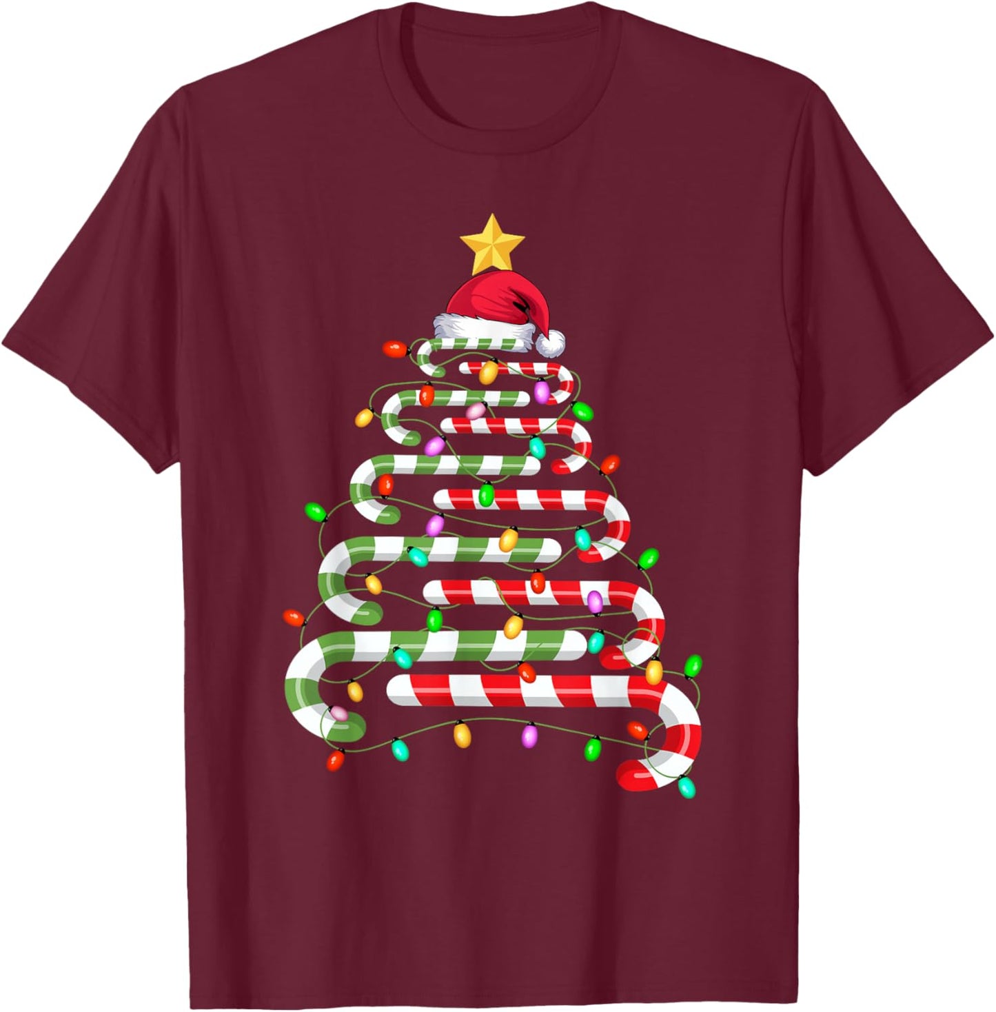 Candy Cane Christmas Tree Lights Men Women Kids Xmas T-Shirt - T-Shirt | Maroon